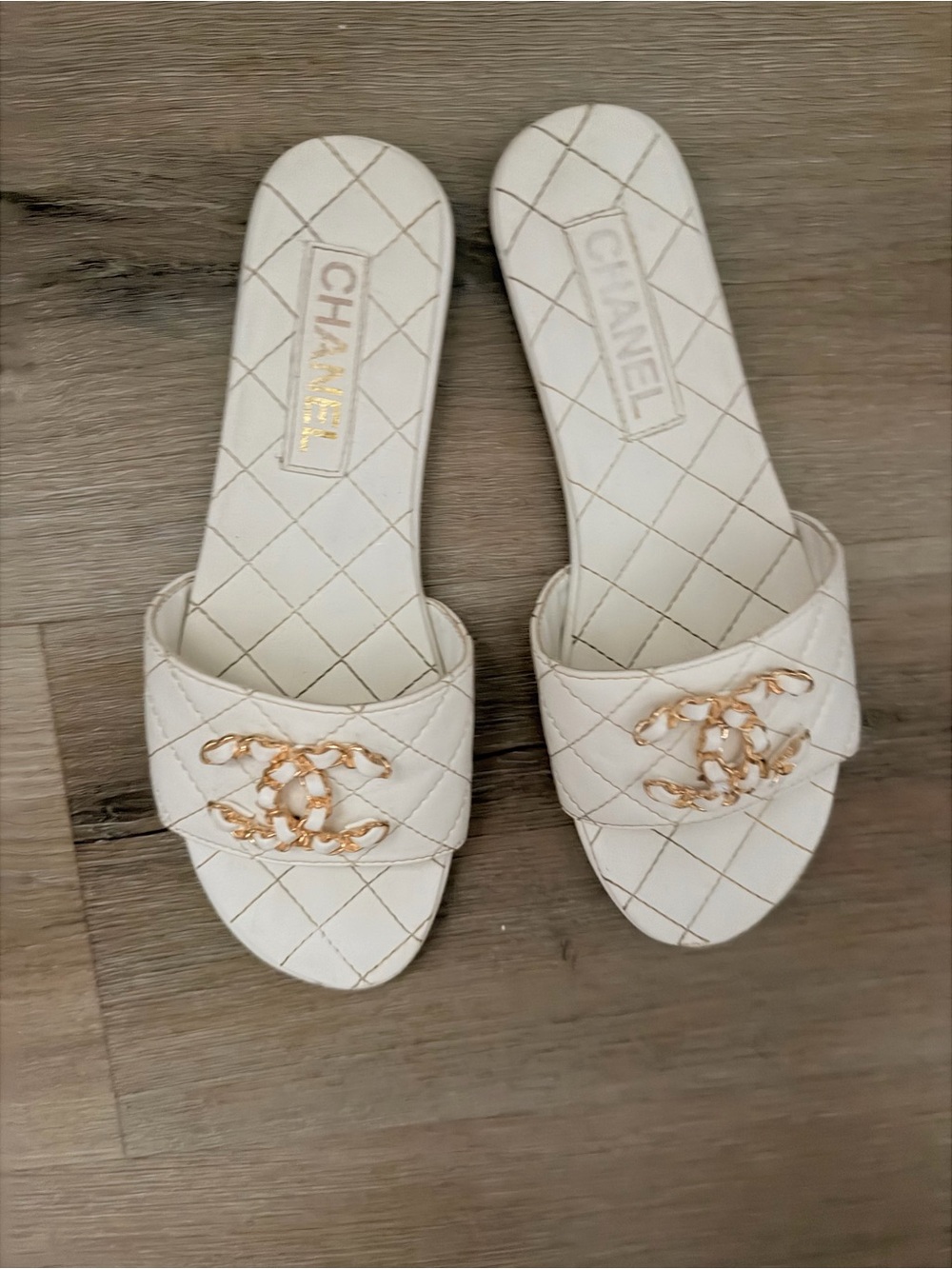 Chanel Cream Quilted Slide Sandals with Gold CC Accent